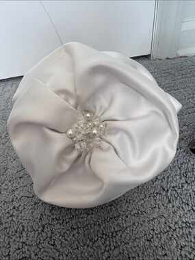 Elegant White Satin Floral Clutch with Pearl & Crystal Center